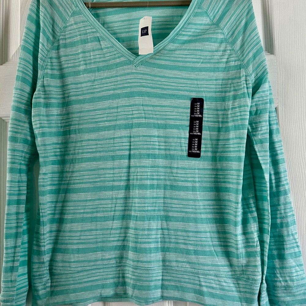Gap Long Sleeve Women's Sea Foam Light & Dark Green Striped Top Size M NWT
